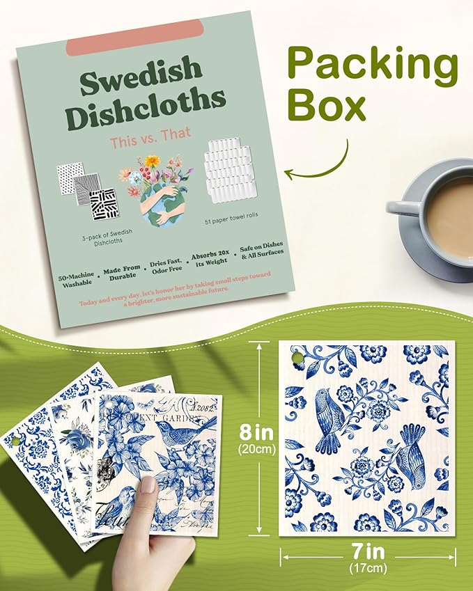 6 Pack Swedish Dishcloths for Kitchen - Reusable Dish Cloths for Washing Dishes Absorbent Cute Funny Kitchen Towels Cleaning Sponge, Blue Floral