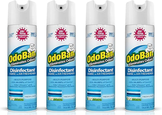 OdoBan Ready-to-Use 360-Degree Continuous Spray Disinfectant and Harsh Aroma Eliminator, Fabric and Air Freshener, 4 Pack, 14.6 Ounces Each, Fresh Linen Scent