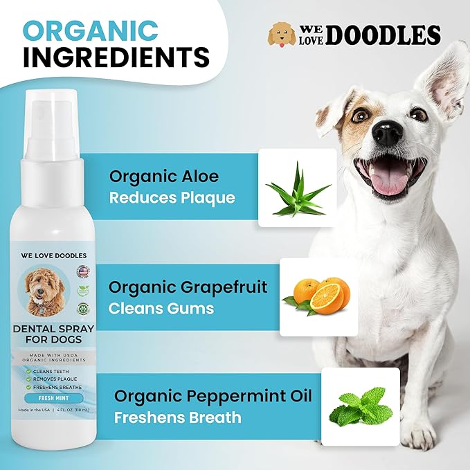We Love Doodles 100pcs Dog Teeth Cleaning Wipes & Dog Dental Spray Bundle - Pet Dental Finger Wipes for Dogs, Natural Oral Care Dog for Healthy Teeth & Gums, Freshens Breath Spray