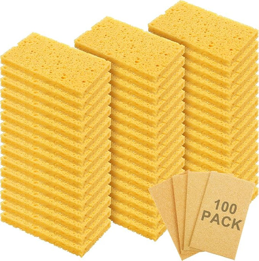 Zhengmy 100 Pieces Kitchen Sponge Bulk Natural Sponges for Dishes Compressed Wood Pulp Sponges Cleaning Sponge Without Scratching for Kitchen Bathroom, 3.9 x 2.4 x 0.12 Inch (Yellow)