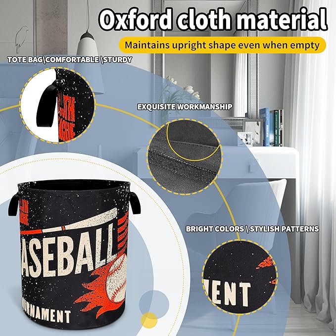Baseball Laundry Basket Foldable Oxford Cloth Funny Tote Bag Laundry Hamper Clothes Storage Bucket Toy Organizer For Bathroom/Laundry Storage/Bedroom 18.9x16.5 Inch