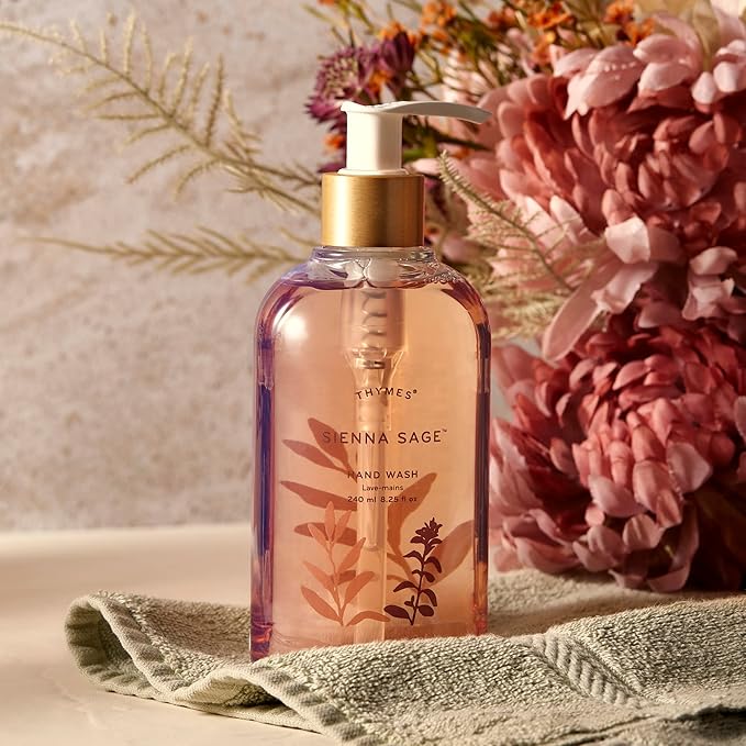 Thymes Moisturizing Hand Wash Soap with Pump - Luxury Hand Soap Gently Cleanses & Moisturizes - Skin Care with Glycerin & Calendula - Comforting, Warm Fragrance (Sienna Sage, 8.25 oz)