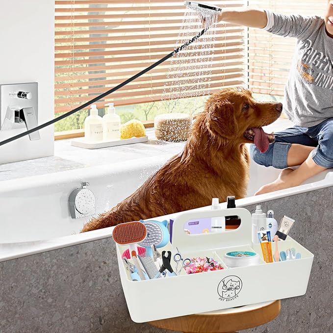 Dog Storage Organizer for Grooming Supplies,8-Compartment Caddy for Dog Cat Grooming Kit,Pet Stuff Storage, Ieal for Shampoo, Trimmer,Clipper,Combo,Brush-Modern Minimalist White