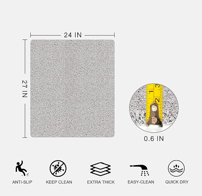 Nonslip Bathtub Mat, Anti Slip Bath Mat 0.6" Extra Thick, Quick Dry Bath Tub Anti Slip Shower Mat, Loofah Non-Slip Bath Mat for Tub Bathroom Pool Kitchen Entryway Home Hotel(Light Gray 24x27)