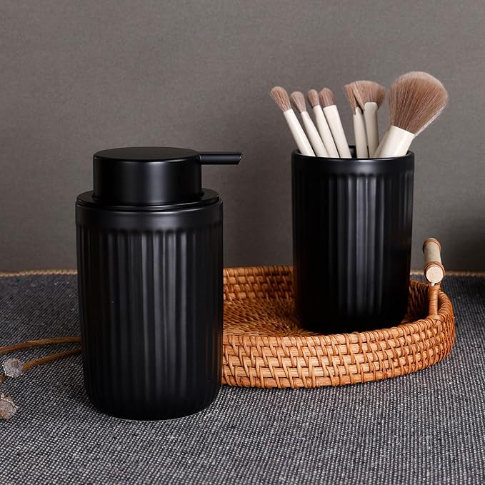 BosilunLife Dish Hand Soap Dispenser - Black Liquid Pump Soap Dispenser for Bathroom Decro 12oz Ceramic Kitchen Dish Dispenser with Rust-Proof Liquid Pump Modern Refillable Lotion Bottles