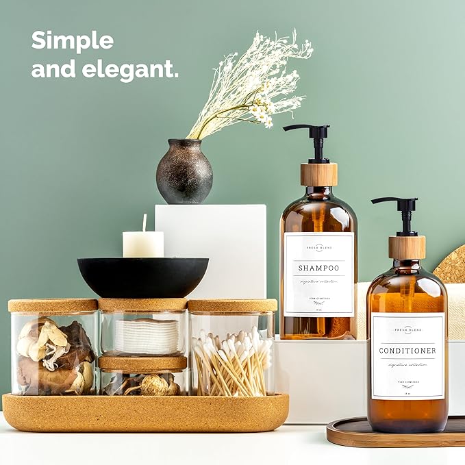 Vine Creations Amber Glass Soap Dispenser Set - Kitchen Soap Dispenser Set with Tray - Bamboo Dish Soap and Hand Soap Dispensers Set for Bathroom - Modern Kitchen Decor with Waterproof Labels