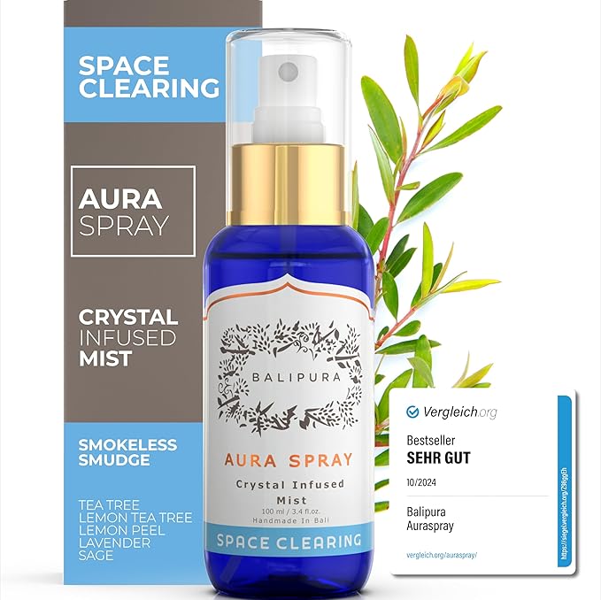 BALIPURA - Space Clearing Healing Aura Crystal Spray - Black Tourmaline & Selenite Crystals - Tea Tree, Lavender & Clary Sage Organic Essential Oils Blends - Handmade in Bali - 3.4 fl.oz