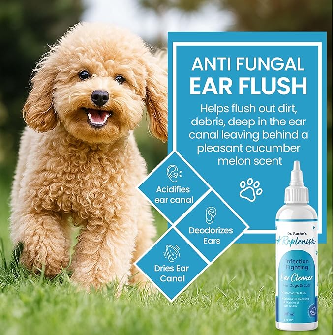 Replenish Otic Ear Cleaning Solution for Dogs – Antiseptic Ear Cleaner for Dogs & Cats – Advanced Ear Flush for Yeast Treatment and Odor Control – 8 oz