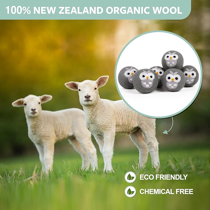 Calindiana 100% Organic Premium New Zealand Wool Dryer Balls Laundry Reusable Fabric Softener, Cute Dryer Sheets Alternative, Anti Static XL Size 6 Pack, Grey Owl