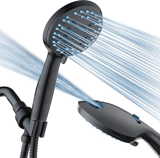 Hotel Spa AquaCare High Pressure 8-mode Handheld Shower Head - Anti-clog Nozzles, Built-in Power Wash to Clean Tub, Tile & Pets, Extra Long 6 ft. Stainless Steel Hose, Wall & Overhead Brackets