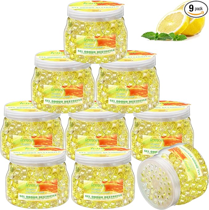 9 Pack Odor Eliminator Gel Beads Bulk 10 Ounces Air Freshener Gel Beads Odor Eliminator for Home, Bathrooms, Cars, Boats and Pet Areas(Lemon)
