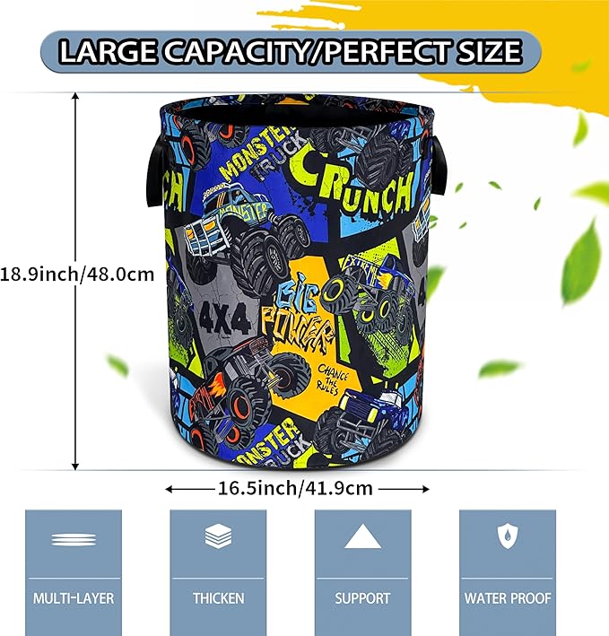 Truck Laundry Basket Big Rig Cartoon Foldable Waterproof Oxford Cloth Funny Tote Bag Laundry Hamper Clothes Storage Bucket Toy Organizer For Bathroom/Laundry Storage/Bedroom 18.9x16.5 Inch