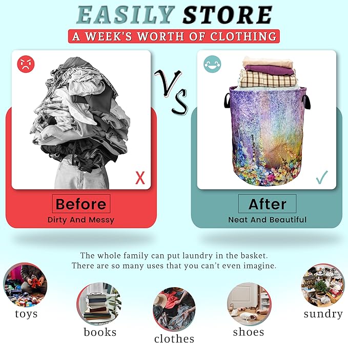 Watercolor Purple Flowers Laundry Basket Foldable With Handles Colorful Tote Bag Oxford Cloth Laundry Hamper Clothes Storage Bucket Toy Organizer 18.9" x 16.5" For Bathroom/Laundry/Bedroom