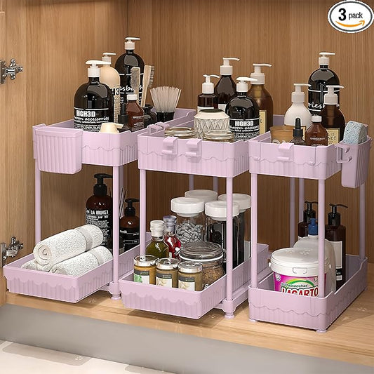 3 Pack Under Sink Organizers, 2-Tier Multi-Use Kitchen and Bathroom Organizers and Storage with Sliding Drawers，Bathroom Cabinet Organizer (Pink, 14.8 Inch)