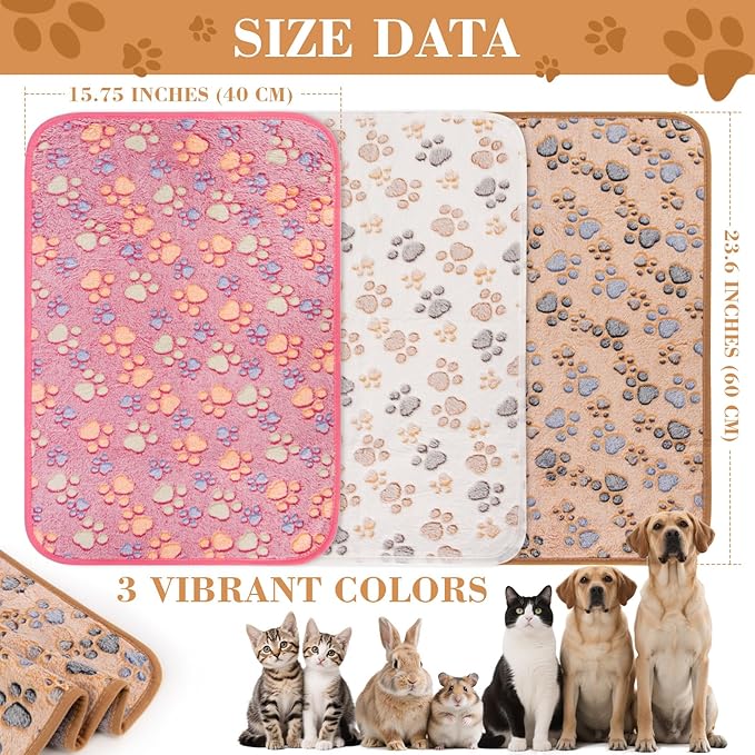 Guinea Pig Fleece Blanket 3PCS Waterproof Puppy Blankets for Small Dogs Guinea Pig Cage Liner Washable Pee Pads for Pet Rabbit Hamster Ferret Chinchilla （Paw Print 3 Color） 23.6 X 15.7 Inch