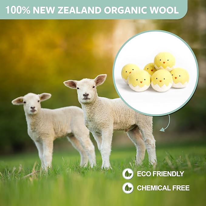 Calindiana 100% Organic Premium New Zealand Wool Dryer Balls Laundry Reusable Fabric Softener, Cute Dryer Sheets Alternative, Anti Static XL Size 6 Pack, Yellow Chick