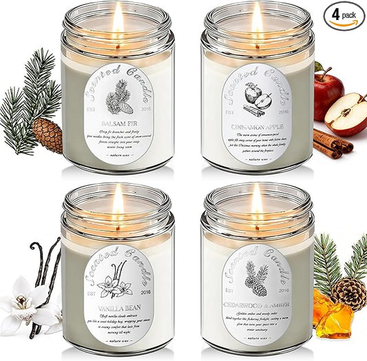 Winter Candle Gift Set, 4 Pack 28oz Soy Wax Scented Candles for Home – Cinnamon Apple, Balsam Fir, Vanilla Bean, Cedarwood & Amber – Cozy Aromatherapy Candles for Christmas, Holiday & Home Decor Gifts