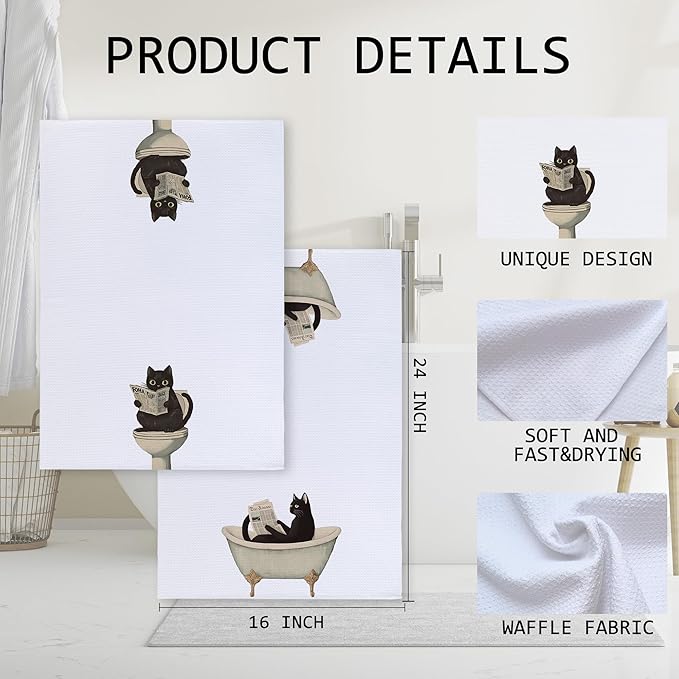 Cabana Bro Funny Black Cat Bathroom Hand Towels, Black Cat Gifts, Funny Kitty Read Newspaper Decorative Hand Towels for Kids Bath Room Washroom Spa Dorm, 16x24 Inch Set of 2