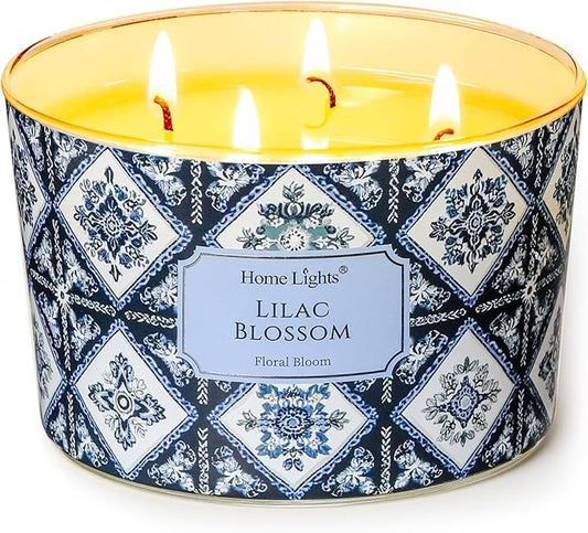 HomeLights 4-Wick Candles for Home Scented - 18oz Soy Wax Blend Candle Long-Lasting Fragrance, Bohemian Natural Textures Home Decor and Housewarming Gifts, Lilac Blossom