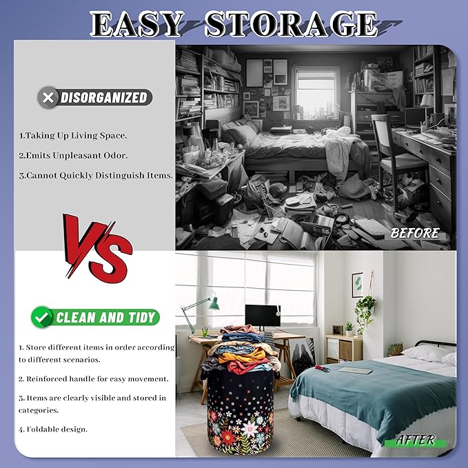 Cute Colorful Floral Laundry Basket Foldable Flowers Laundry Hamper With Handle Oxford Cloth Portable Clothes Storage Organizer Basket 18.9"x16.5" Laundry Bag For Laundry Room/Bedroom/Bathrooms