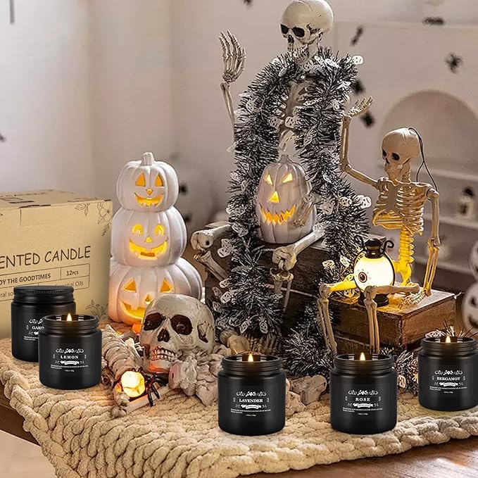 12 Pcs Halloween Scented Candles with Added Natural Essential Oils, 3.05oz, Suitable for Various Festivals, Parties, Yoga, and Home Scene(Black)