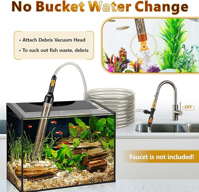 hygger Bucket-Free Aquarium Water Change Kit Metal Faucet Connector Fish Tank Vacuum Siphon Gravel Cleaner with Long Hose 49FT Drain & Fill