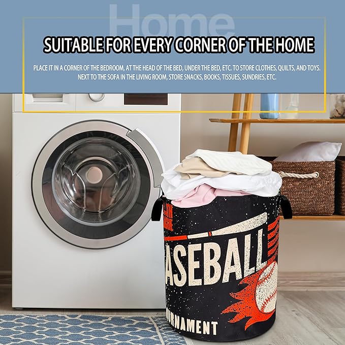 Baseball Laundry Basket Foldable Oxford Cloth Funny Tote Bag Laundry Hamper Clothes Storage Bucket Toy Organizer For Bathroom/Laundry Storage/Bedroom 18.9x16.5 Inch