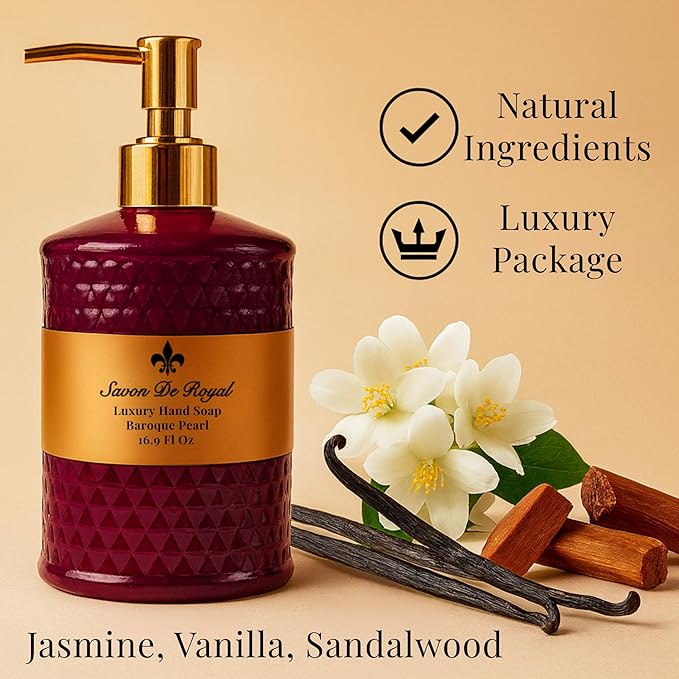 Luxury Liquid Hand Soap, Jasmine - Vanilla - Sandalwood Scent, Moisturizing Vegan Bathroom Soap for Hand Wash, Gentle & Nourishing Formula, Refillable Bottle 16.9 Fl Oz, Baroque Pearl