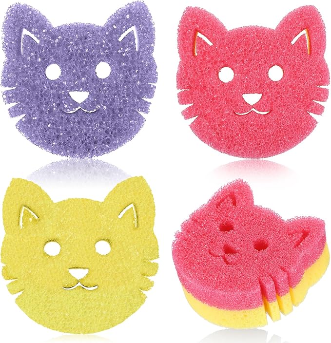 3 Pcs Dual Sided Scrub Sponge Multi Functional Cute Temperature Sensitive Non Scratch Dish Sponge for Washing Dishes Kitchen Bathroom(Cat,Pink, Yellow, Purple)