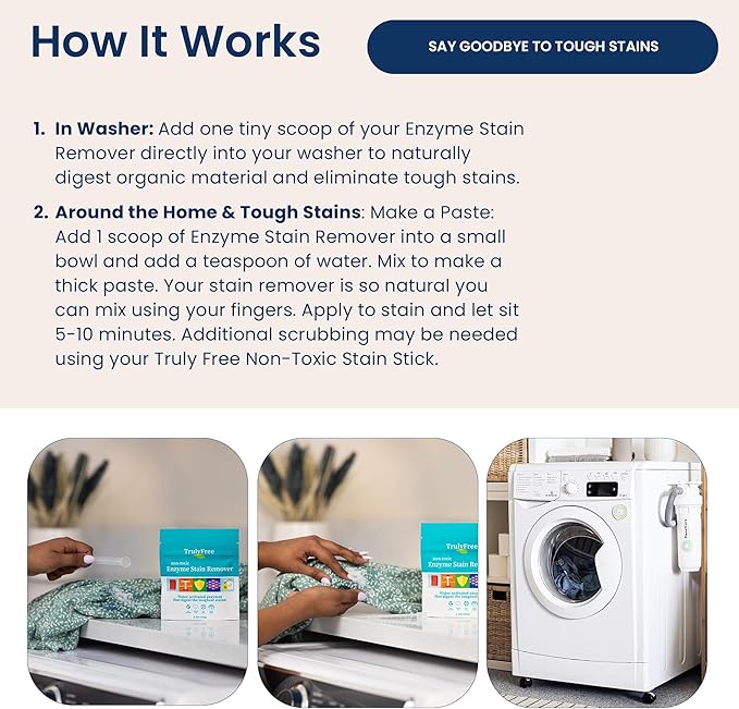 Truly Free Enzyme Laundry Stain Remover - Natural Laundry Detergent Booster for Blood, Grass, Pet Urine & Odor - Biological Washing Powder for Clothes, Couch Fabric (50 Scoops)