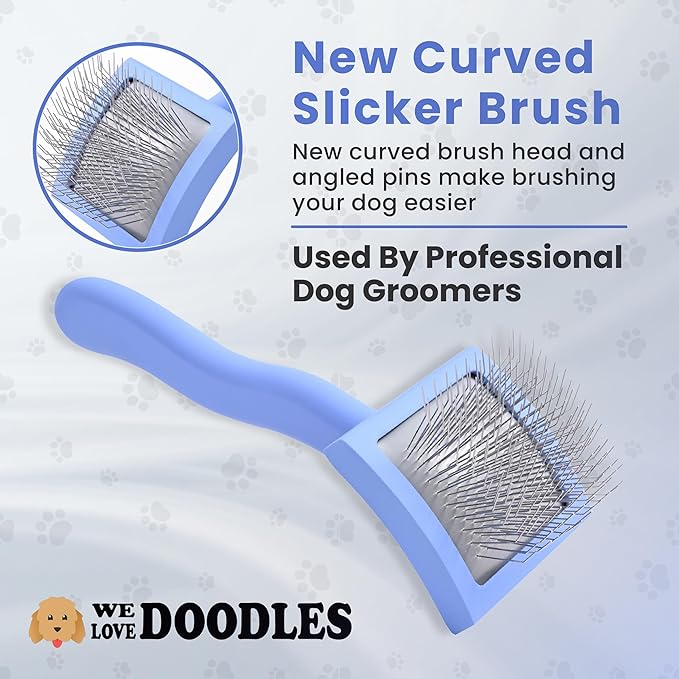 Slicker Brush for Dogs, Dog Grooming Supplies - Best Doodle & Poodle Brush for Long Haired Dogs - Goldendoodle Long Pin Detangler For Dematting (Small Curved)