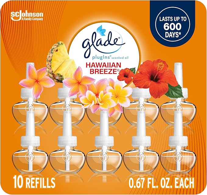 Glade PlugIns Refills Air Freshener, Scented and Essential Oils for Home and Bathroom, Hawaiian Breeze, 6.7 Fl Oz, 10 Count (Packaging May Vary)