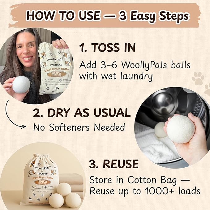 WoollyPals Dryer Balls (6-Pack, XL Size) - 100% New Zealand Wool - No More Dryer Sheets - Eco Dryer Balls - Reusable - Softens Laundry - Reduces Drying Time & Static - with Storage Bag (Plain White)