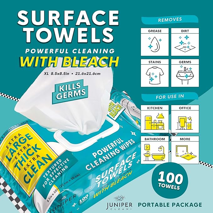 3 Packs Surface Wipes with Bleach, Thick & Large Dispose, All-Purpose Cleaner for Bathroom, Kitchen, Office, 300 Count Soft Flow, Biodegradable, Fresh Scent