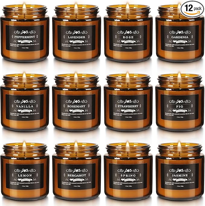 12 Pack Black Apothecary Jar Scented Candles - Natural Soy Wax with Premium Essential Oils, Lavender, Rose, Vanilla & More, 3.5oz/100g Each, Relaxing Aromatherapy Gift Set