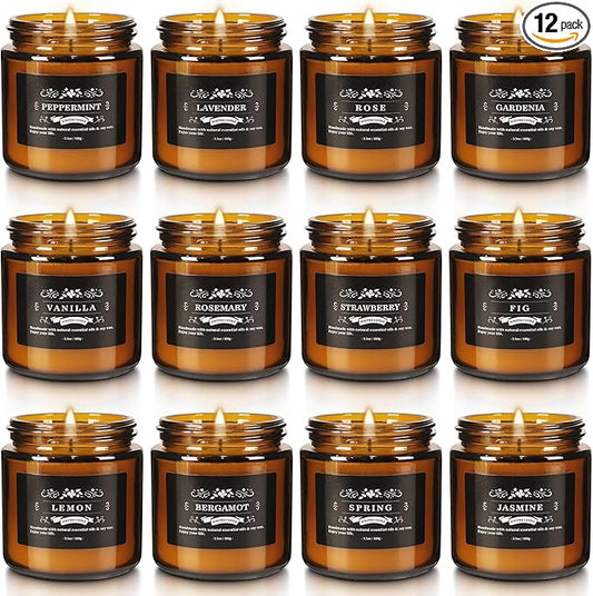 12 Pack Black Apothecary Jar Scented Candles - Natural Soy Wax with Premium Essential Oils, Lavender, Rose, Vanilla & More, 3.5oz/100g Each, Relaxing Aromatherapy Gift Set