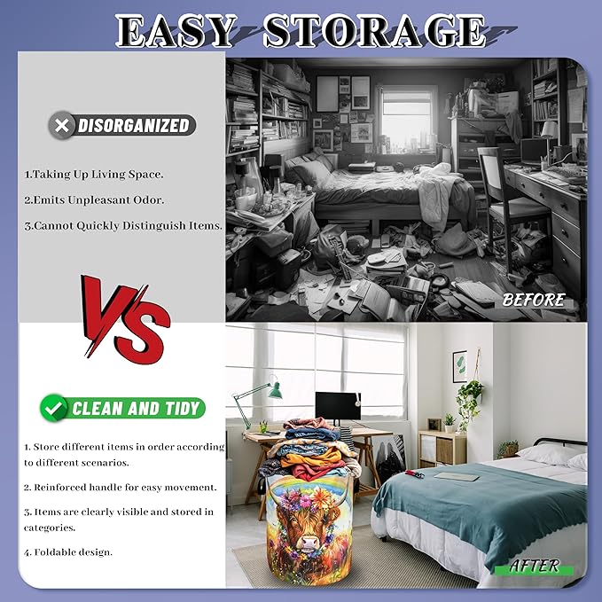 Watercolor Highland Cow Laundry Hamper Oxford Cloth Animal Flowers Laundry Basket With Handle Portable Clothes Storage Basket Foldable Laundry Bag 18.9"x16.5" For Laundry Room/Bedroom/Bathroom