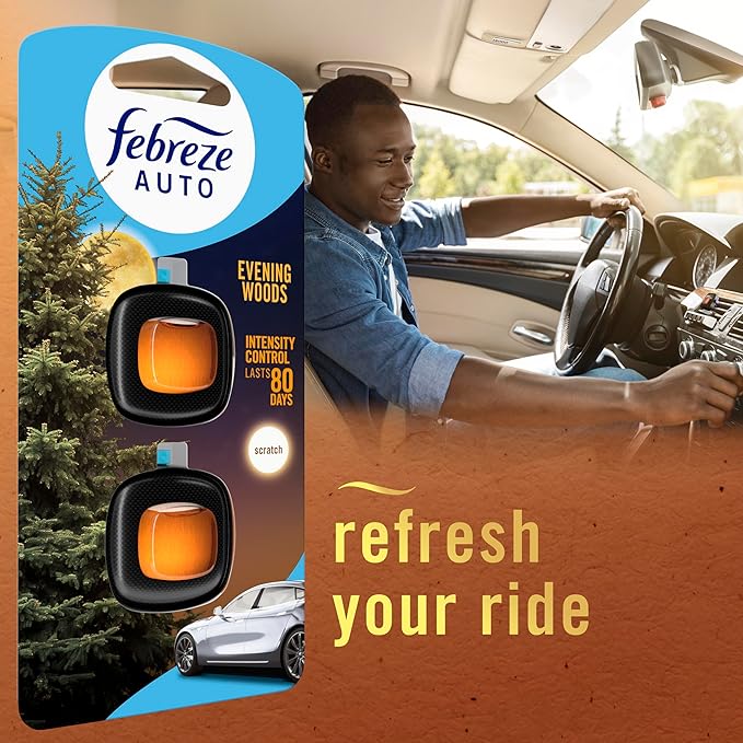 Febreze AUTO Air Freshener, Odor-Fighting Automotive Vent Clip, Evening Woods Scent, 8 Count