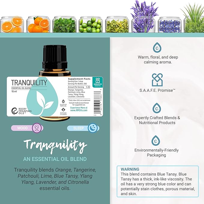 Rocky Mountain Oils Tranquility Essential Oil Blend - Essential Oils for Diffuser, Topical, and Home - Essential Oils to Promote Restful Nights - 15ml
