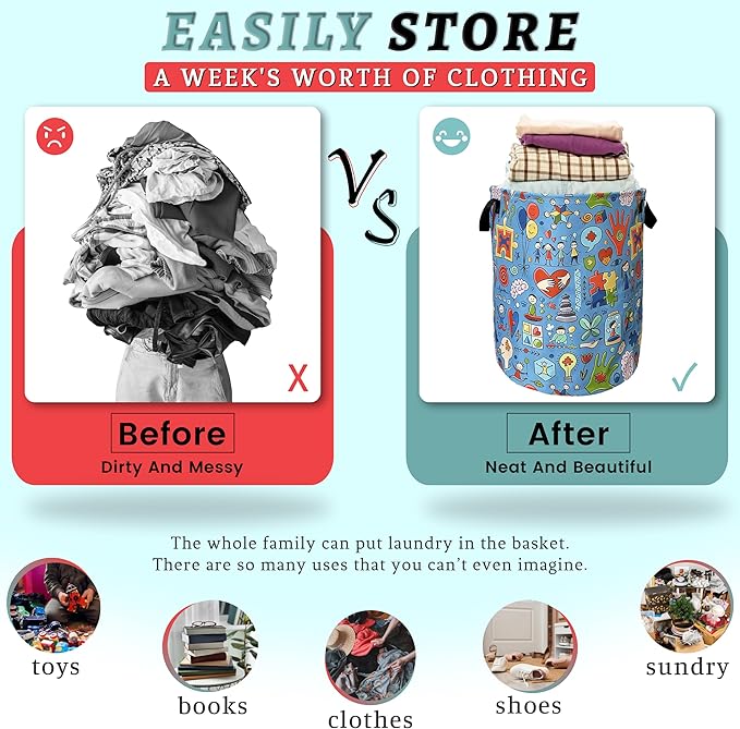 Autism Awareness Doodles Laundry Basket Foldable With Handles ColorfulTote Bag Oxford Cloth Funny Laundry Hamper Clothe Storage Bucket Toy Organizer 18.9"x16.5"For Bathroom/Laundry/Bedroom