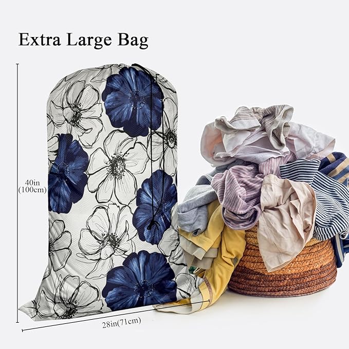 Swono Wild Flower Extra Large Huge Heavy Duty Polyester Laundry Storage Bag with Drawstring, Dark Navy Blue Floral Sketch Washable Travel Dirty Clothes Bag Hamper Liner