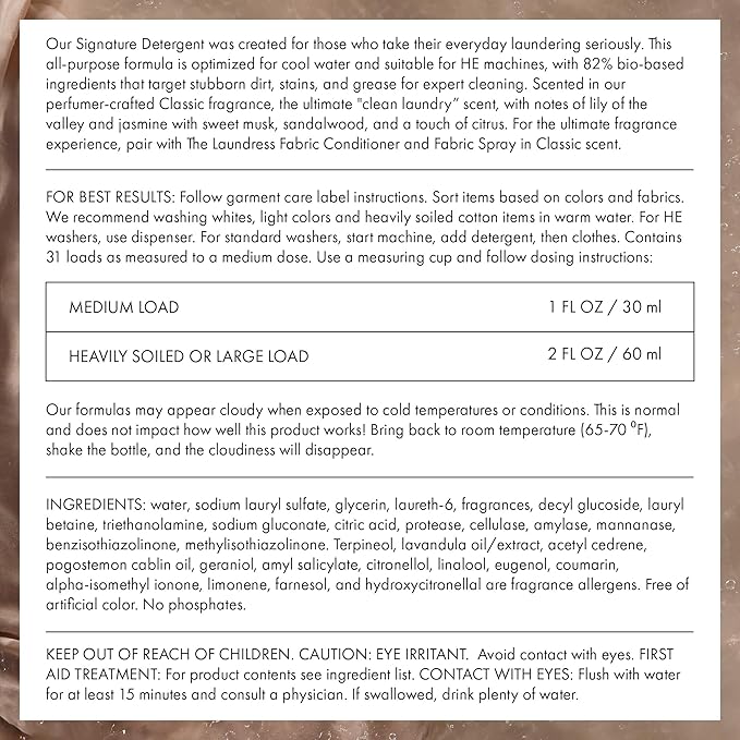 The Laundress Luxury Laundry Detergent, 31 Loads, Scented Signature Classic Fragrance, Concentrated Triple Enzyme Deep Cleaning and Targeted Stain Remover, 96% USDA Biobased Product