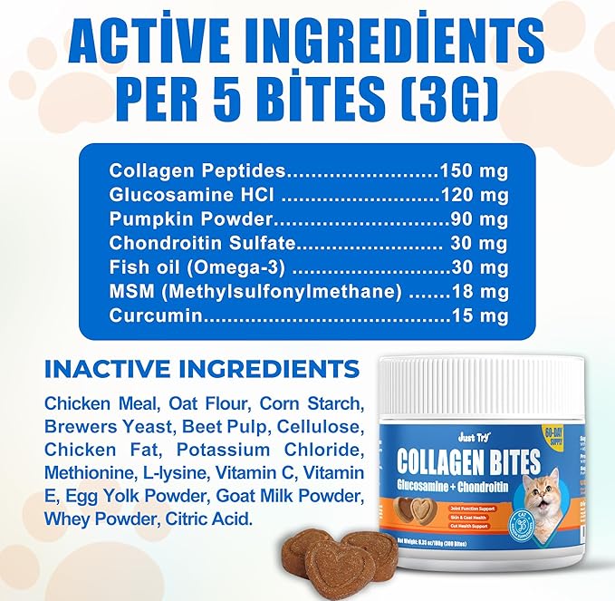 Just Try 300 Bites Collagen Bites Cat Treats for Cat Glucosamine Chondroitin, Collagen Supplements for Joint Health - Chicken Flavor - Cat Supplements 6.35 oz