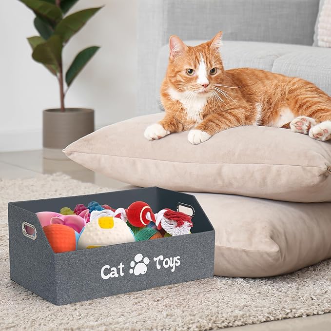Cat Toy Basket, Kitten Toys Storage Organizer Foldable Fabric Bin Pet Supplies Chest Holder Trapezoid Container with Metal Handles for Organizing Cats Clothes Accessories, Deep Gray