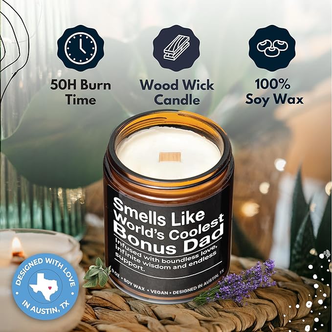 World's Coolest Bonus Dad Candle, Unique Sentimental Father's Day & Birthday Gift for Step Dad, Thoughtful Gifts for Father in Law, Best Presents for Birthday, Christmas, Special Occasions, Gift Ready
