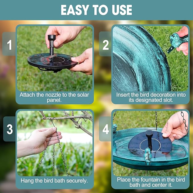 14.96" Hanging Bird Bath with Solar Fountain, Metal Birdbath with 3 Cast Iron Birds & 4 Spray Nozzles, Solar Powered Water Feature for Outdoors, Garden, Patio, Gift for Bird Lovers