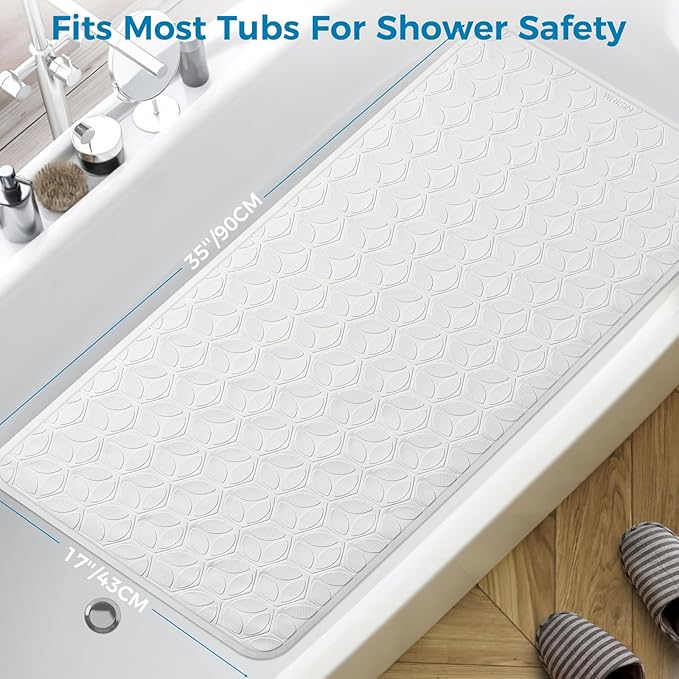 WRISIN Bathtub Mat Non Slip with Suction Cups - 100% Rubber Bathroom Mat Textured for Bath Tub Shower Safety - Soft on Touch - BPA/PVC Free - Pet Dog Bath Mat - Machine Washable - 17 × 35 Inch（White）