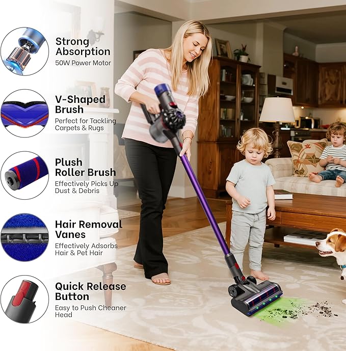 2 Brushes Vacuum Cleaner Head with Four Green LED Lights & Self-Standing Design, for V7/V8/V10/V11/V15, Quick-Release Motorized Brush Roll, Anti-Tangle for Hard Floor & Thin Carpets & Shaggy Carpet