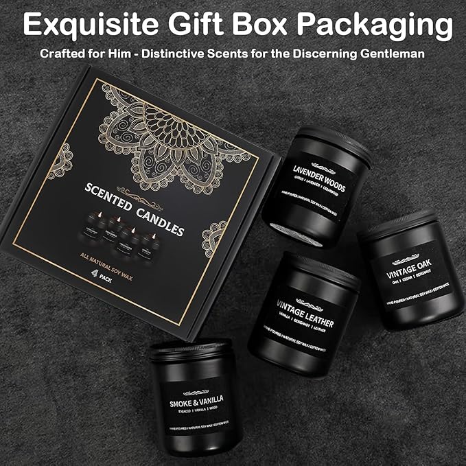 Scented Candle Set, Men Candle Set, Scented Candles for Home, Gifts for Men, 4 Pack Manly Christmas Candles Gifts for Mens Scents of Smoke Vanilla/Leather/Oak/Lavender Wood