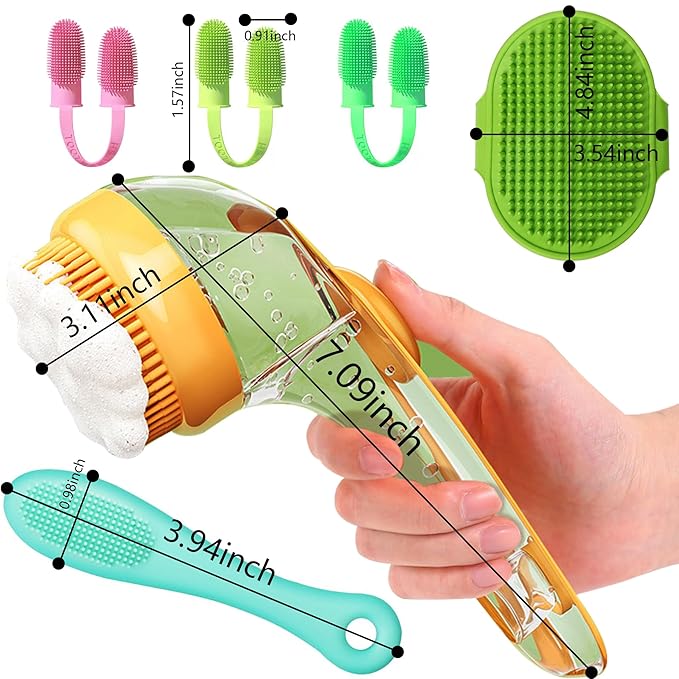 6pcs Dog Bath Brush & Finger Toothbrush Set - Pet Grooming Scrubber with Shampoo Dispenser for Puppy, Cat, Small Breed - Dog Washing Brush for Bathing, Teeth Cleaning & Massage
